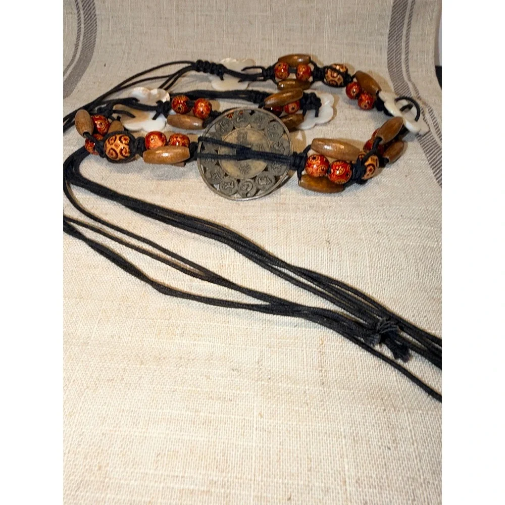 Boho Macrame Cord Belt Wood Beads Mother of Pearl Shell Chinese Zodiac Medallion